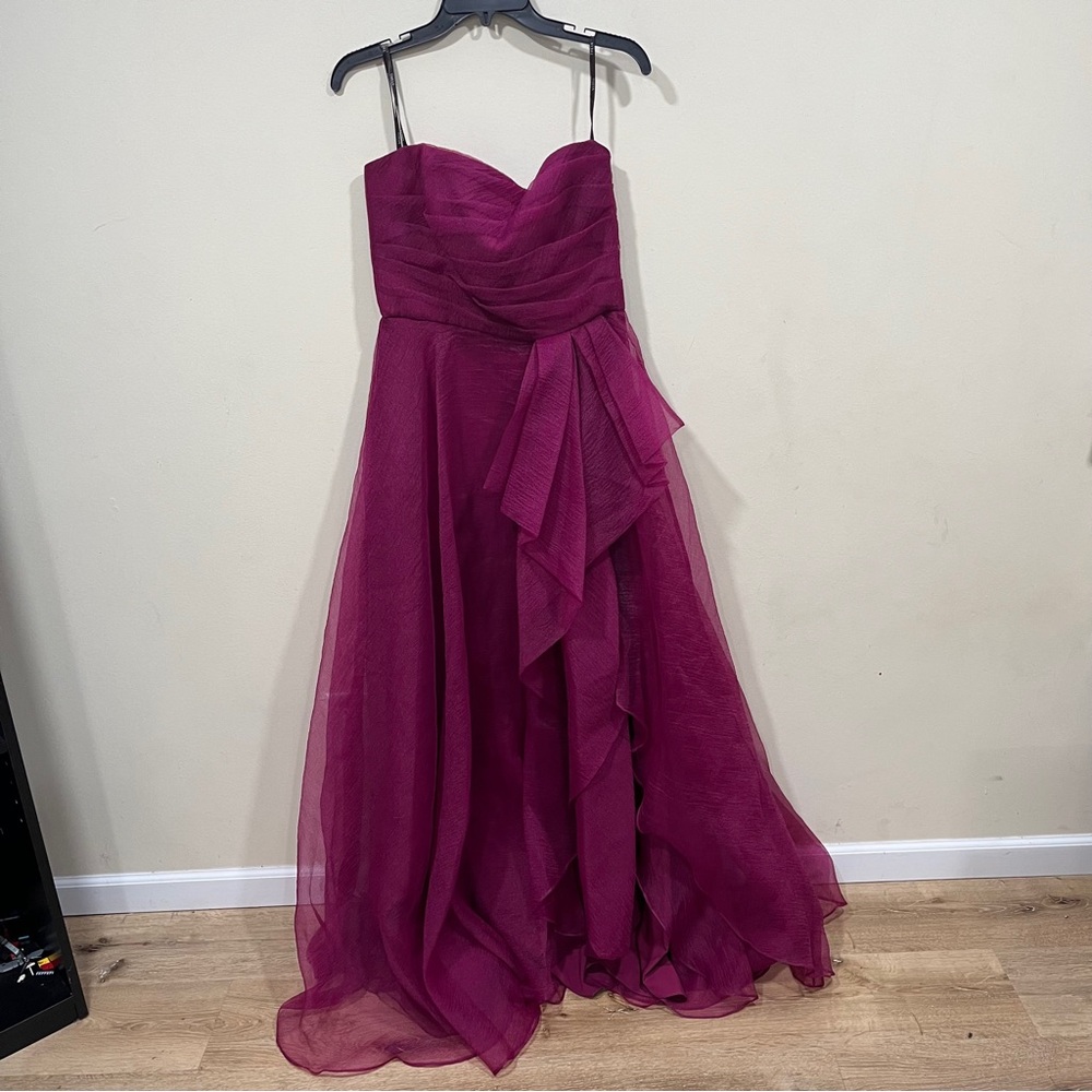 Theia Strapless Ruffled Evening Gown in Magenta - Picture 4 of 13